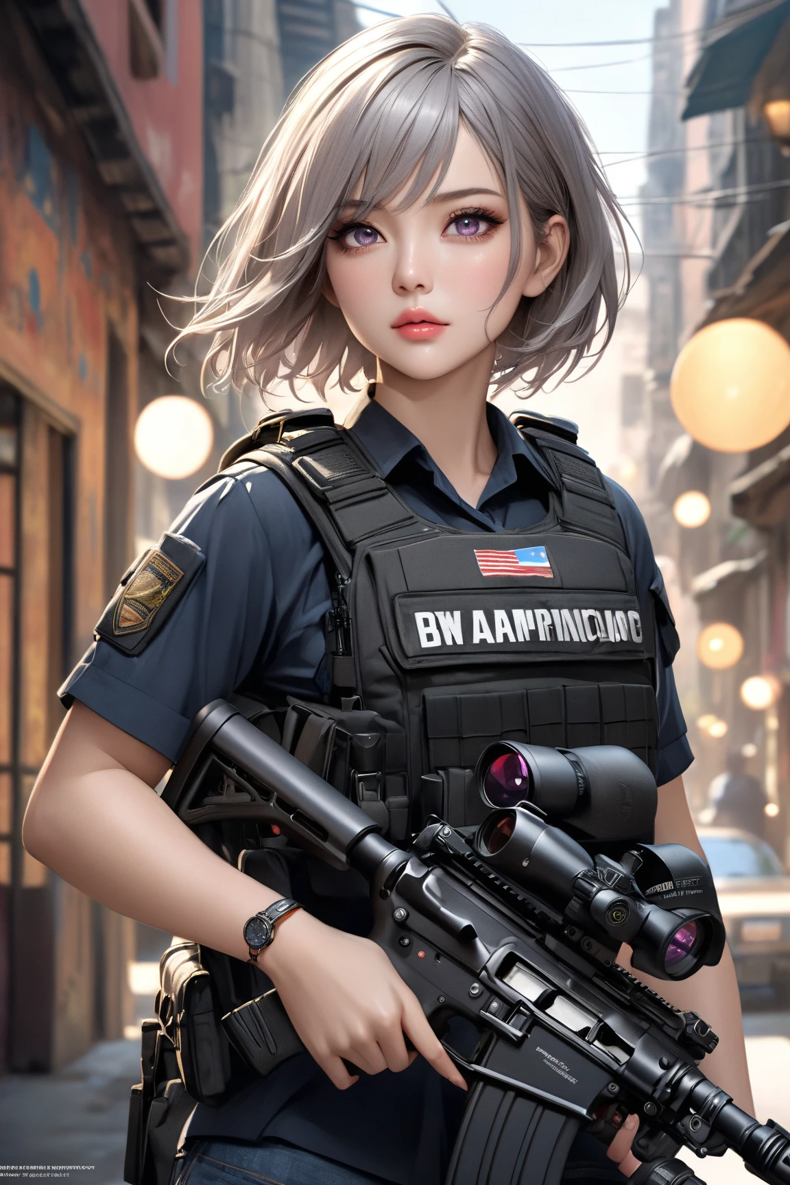 masterpiece, best quality, mature woman, short hair, (buzzcut hair), gray hair, evil eyes, amber eyes, glossy lips, mature face, sharp expression, operative clothing, bulletproof vest, tactical vest, fingerless gloves, holding pistol, abandoned building, (please put a cigarette in mouth)