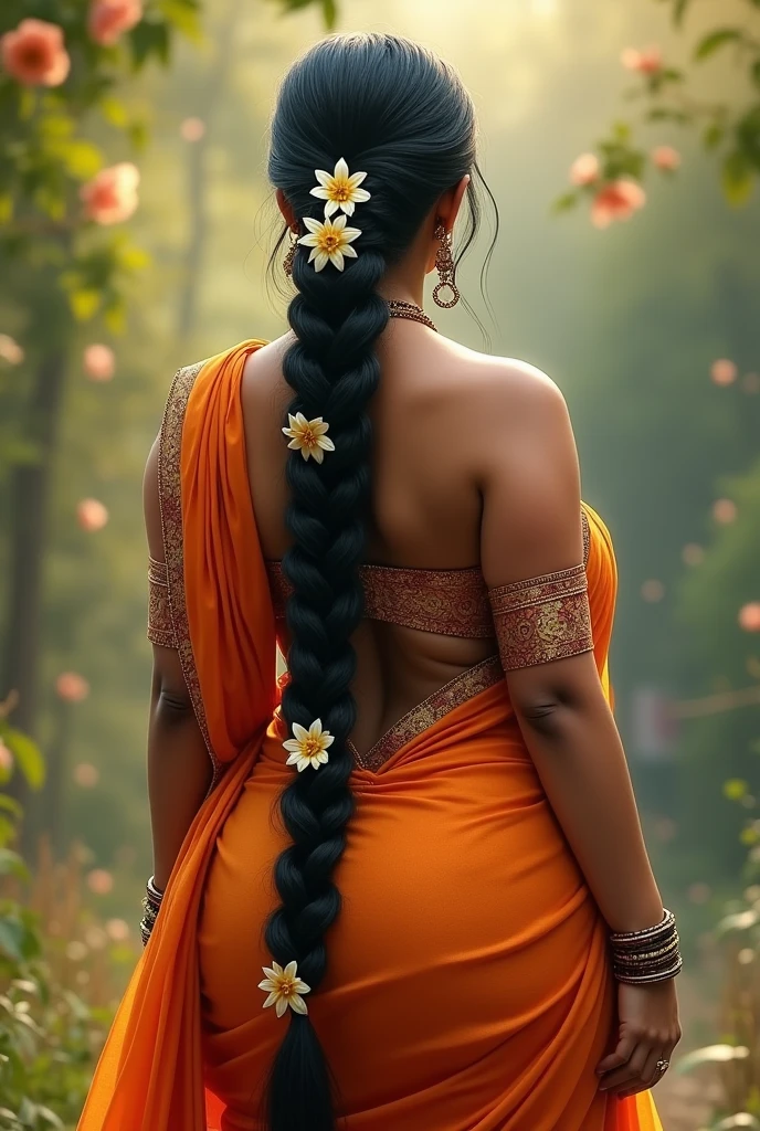 Create a full back picture of Indian lady with braid hairstyle and tight salwar in ass