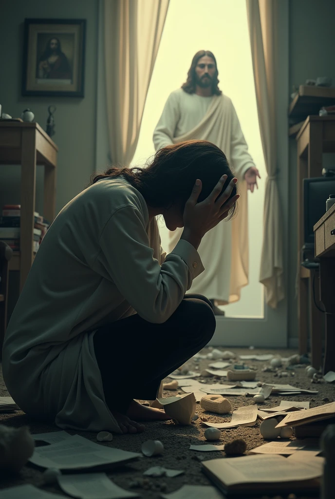 Create an image of a person sitting in a messy room with an expression of despair, in the background of the image Jesus appears in white clothes