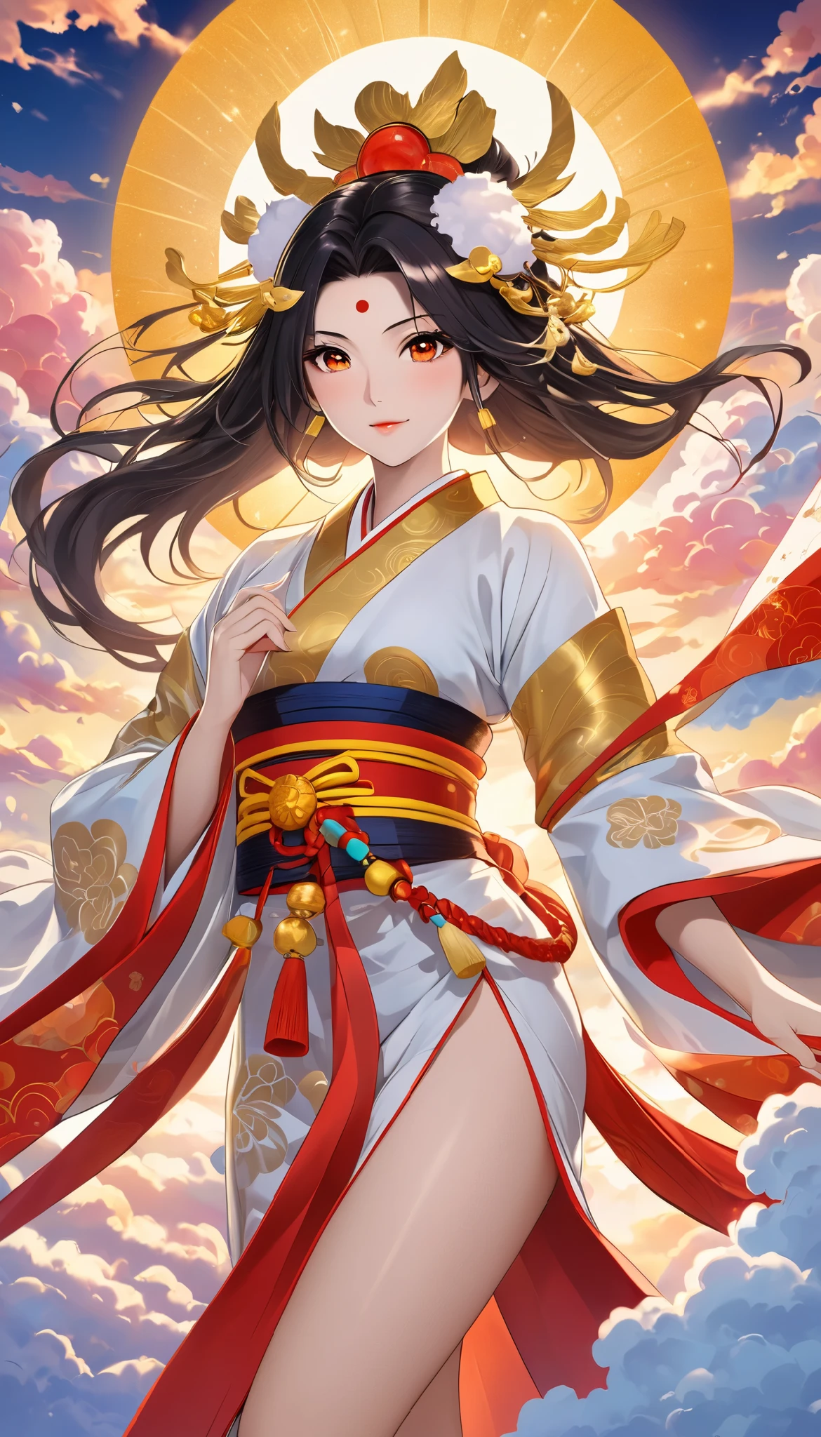 The supreme god of goddesses, Amaterasu Omikami,  Japan's supreme god , The ultimate beauty,  beautiful face, Gold powder is emanating from the body,  top quality,  high definition ,  high image quality, 16k, masterpiece, whole body,  backgrounds, Sun,  Fantastic Clouds , colorful clouds, Seven colored clouds, 