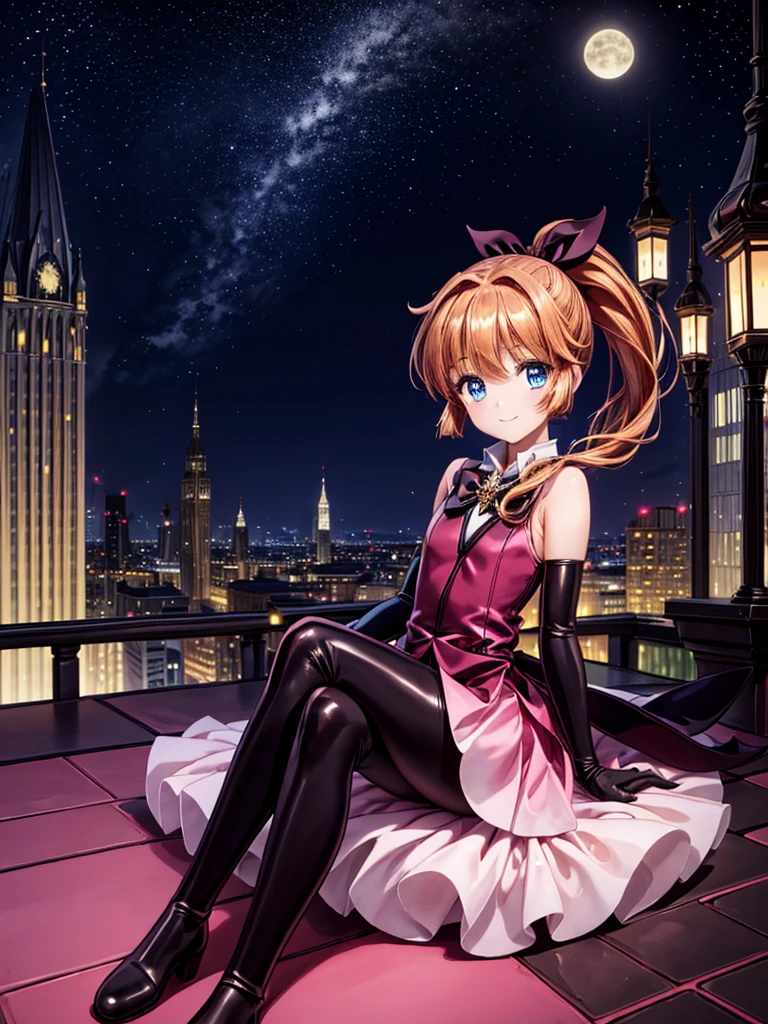 one girl, Meimi Haneoka, Saint tail, cute face, thin and tall, smile, blue eyes, brown long hair, ponytail with ribbon, magical girl, black and pink sleeveless dress, black elbow gloves, black gloves, black pantyhose, black thigh boots, magical stick, full body shot, sitting, rooftop scenery, night view