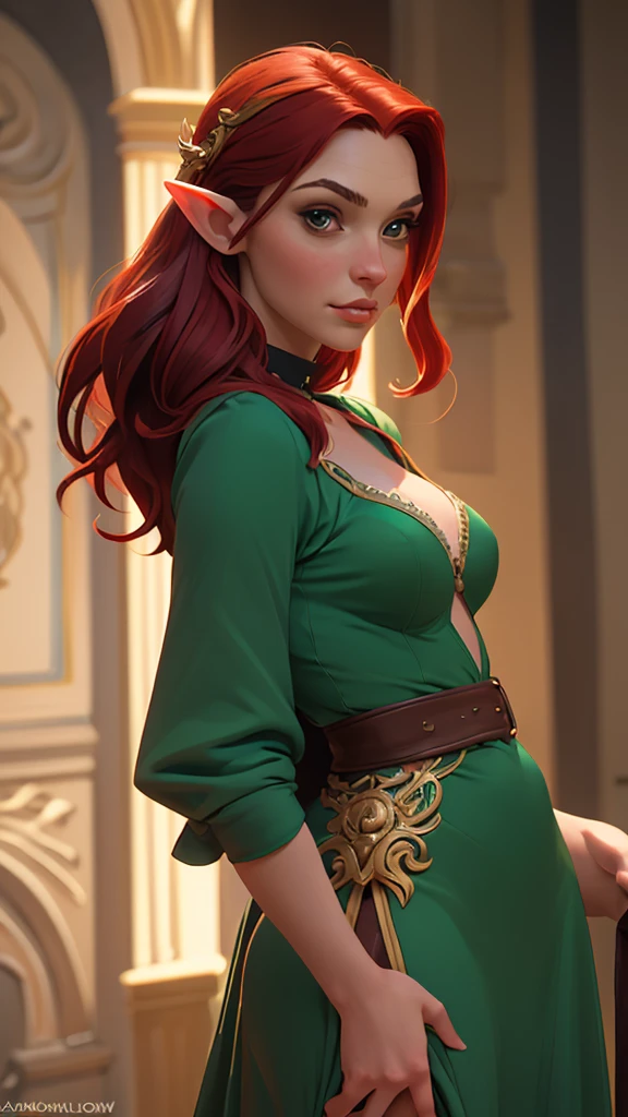  A close up of a red-haired woman wearing a green dress, Amouranto, better known as Amouranto, young beautiful Amouranto, Amouranto as a super villain, Triss Merigold Cosplay,  cleavage, ornate cosplay, she is nonsense, as a medieval fantasy character, Beautiful Elvish model , thick, an elf queen