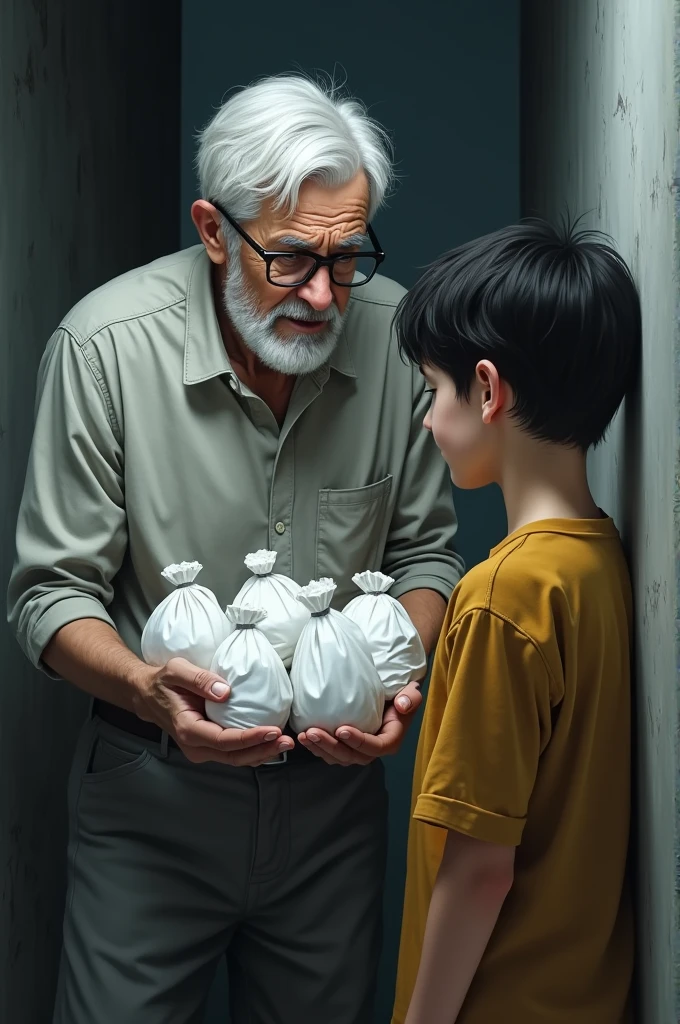 (photorealism:1.2), A very angry , wearing full pants and t-shirt, The boy's father hands him something in a hurry, the boy looks at his father, reaches out and takes the bag full of nails from his father.