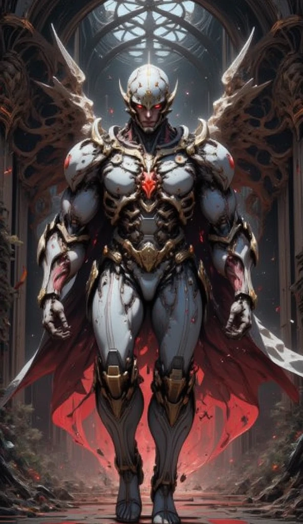  is possessed by a demon, a holy knight commander.A full-body image of an adult male . muscular body .Wear white gold holy knight armor. Eyes Deep Red . standing inside a mysterious black and red church.Bold composition 