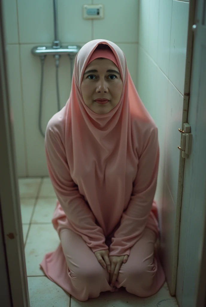 Malaysian school ???,vomiting,wears white Malaysian school outfit,side view potrait, vomiting into sink
,wears white hijab