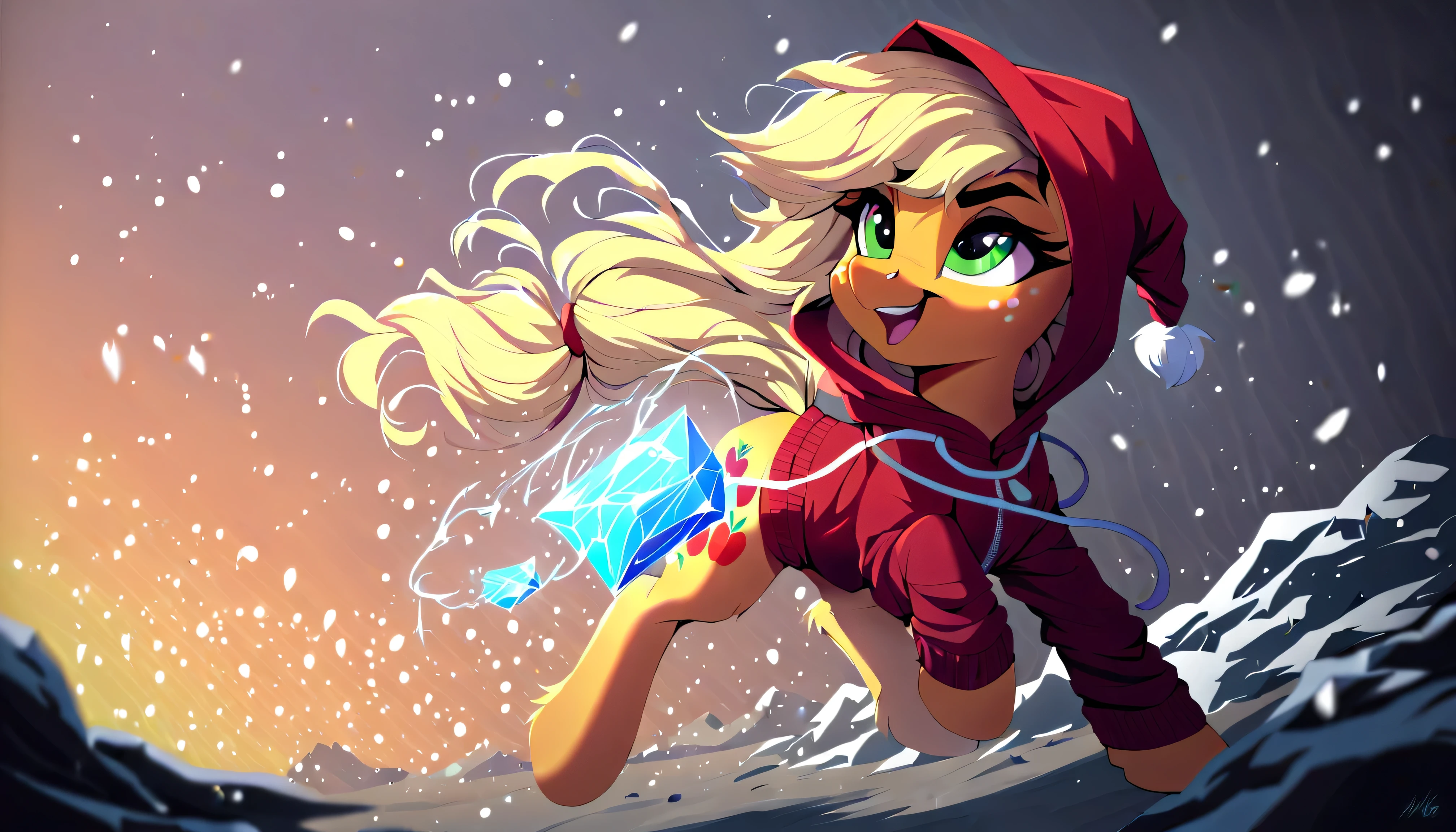 Score_9, Score_8_up, Score_7_up, Score_6_up, An Earth pony, Applejack from My Little Pony, appears wearing a futuristic dark hoodie with a snowflake logo. Her mane flows in a wavy pattern of crystalline colors, orange blending into each other. She is looking at something out of frame with a pleased smile. The setting is a snowy apocalyptic. In its extended magical aura, the environment is a place with Christmas decorations. full body 