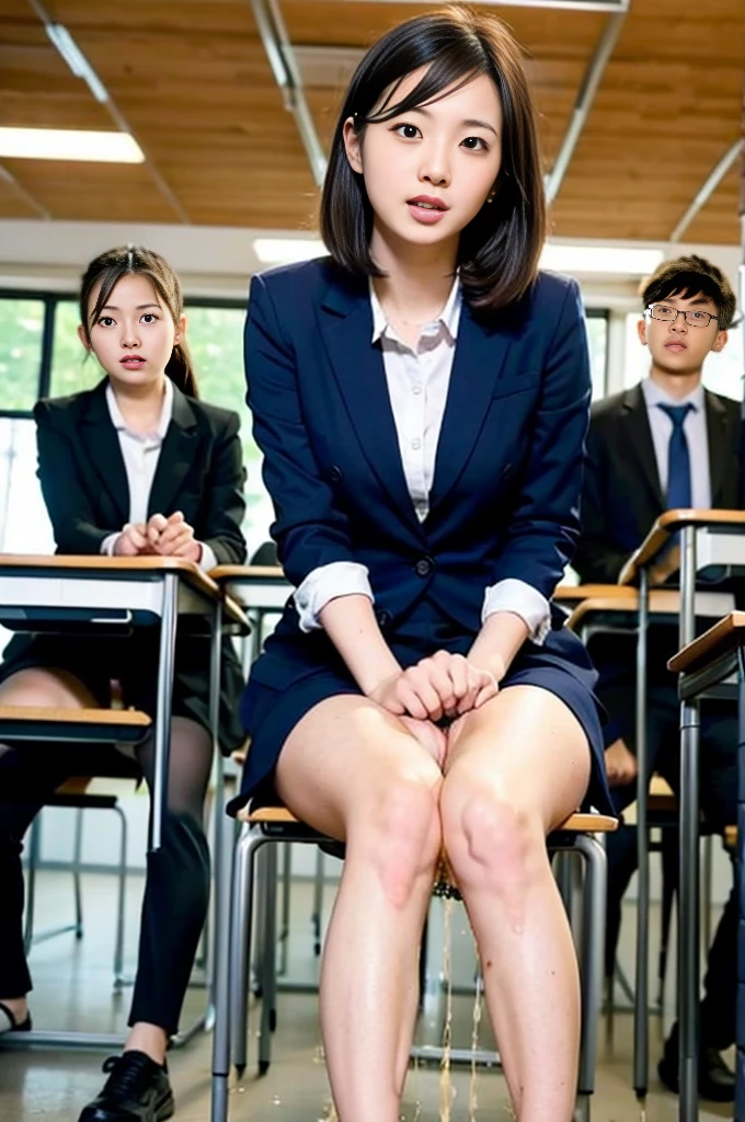  female teacher pees during class 、 female teacher pees in front of many students、 upright immobile、 Lower body and floor wet due to large amounts of pee 、 black suit、 beauty、 Japanese woman with a viewing angle of、 Completate、 female teacher blushes with so much embarrassment 、There is a large group of students behind a female teacher、 from above