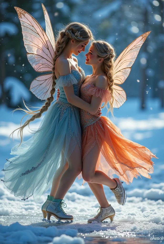 A beautiful dance on ice featuring two enchanting fairies, dressed in ...