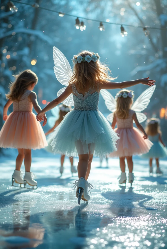 A beautiful dance on ice featuring two enchanting fairies, dressed in glossy dresses, realistic and fantastical atmosphere, ethereal lighting, intricate details, whimsical background, soft glows, elegant poses, magical winter scenery