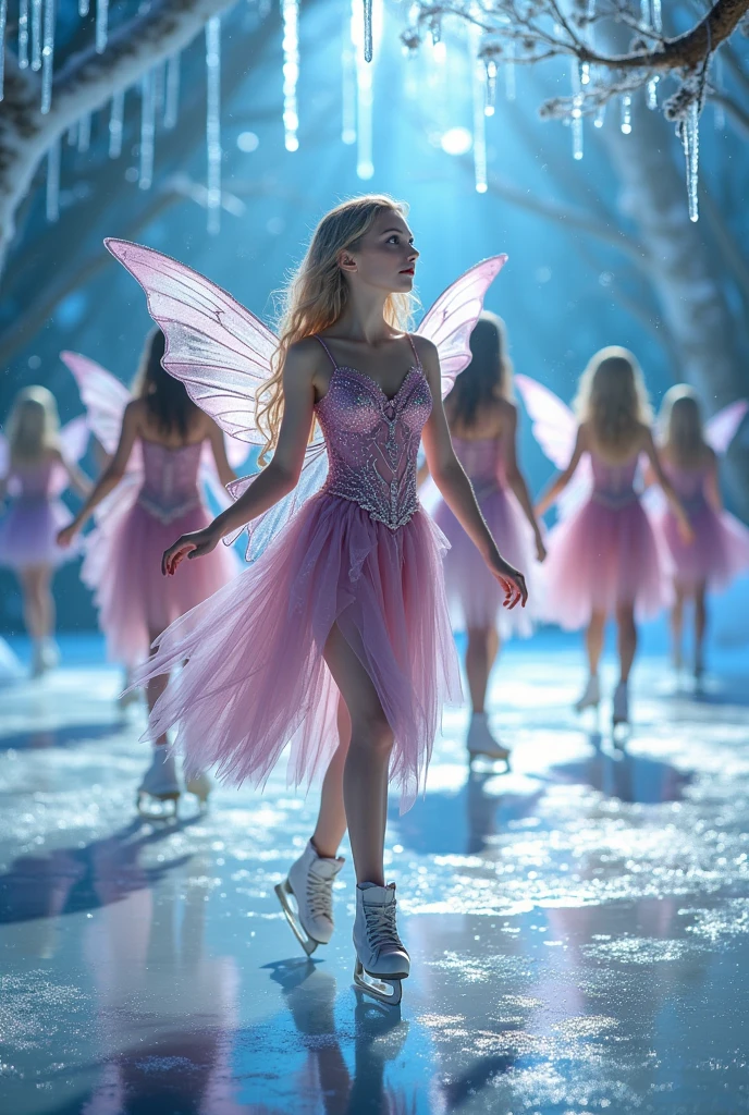 A beautiful dance on ice featuring two enchanting fairies, dressed in glossy dresses, realistic and fantastical atmosphere, ethereal lighting, intricate details, whimsical background, soft glows, elegant poses, magical winter scenery