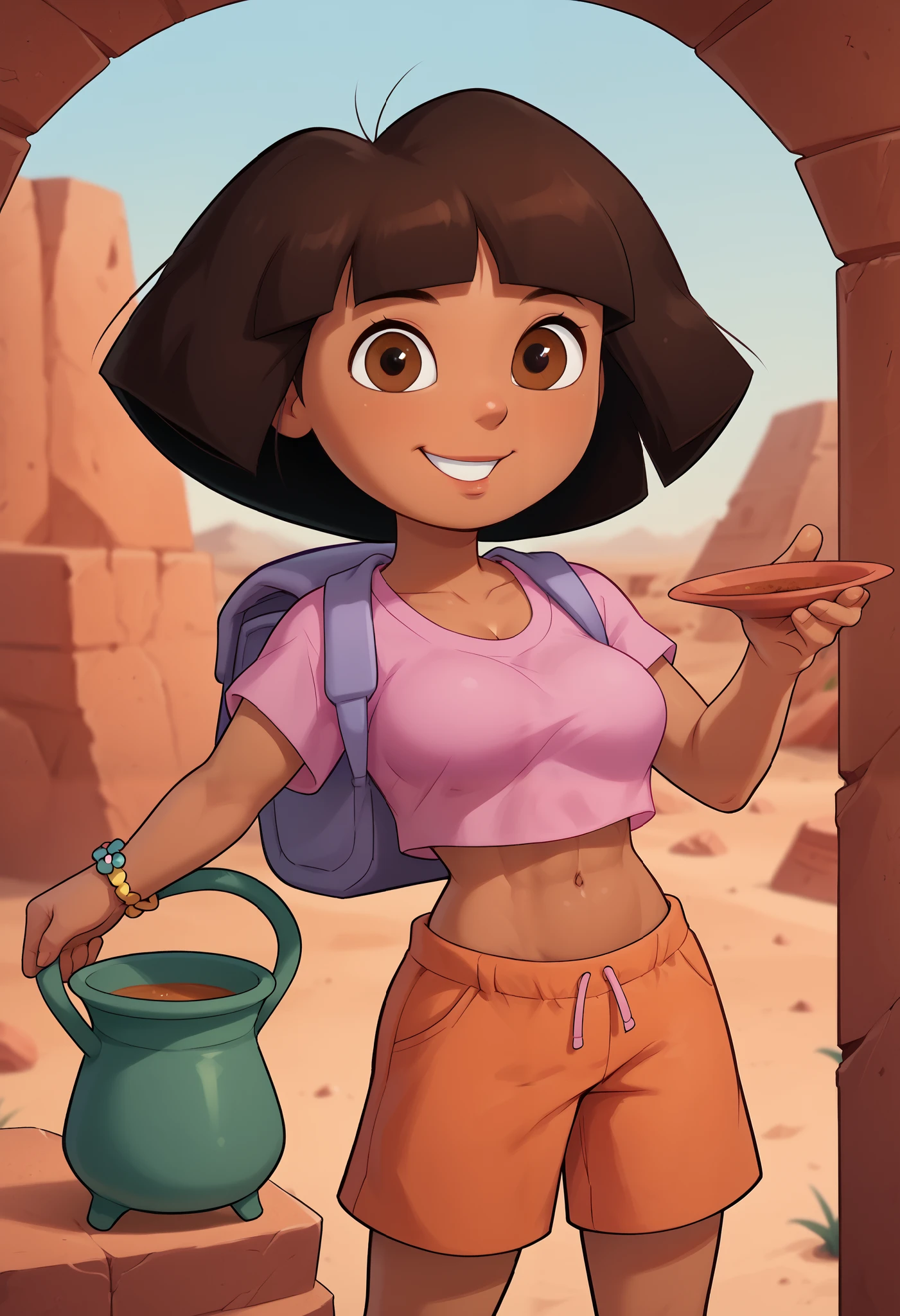 teenage girl, solo, From the front, cute, holding a pot, clay pot, grin, raised eyebrows, large breasts, Dora, brown eyes, desert ruins, dark-skinned female, dark brown hair, big hair, thick hair, bob cut, pink shirt, (pink crop top), bare midriff, loose shirt, (loose crop top), cut off shirt,  (orange shorts), bracelet, backpack, (slender athletic body), (disney style), dynamic pose