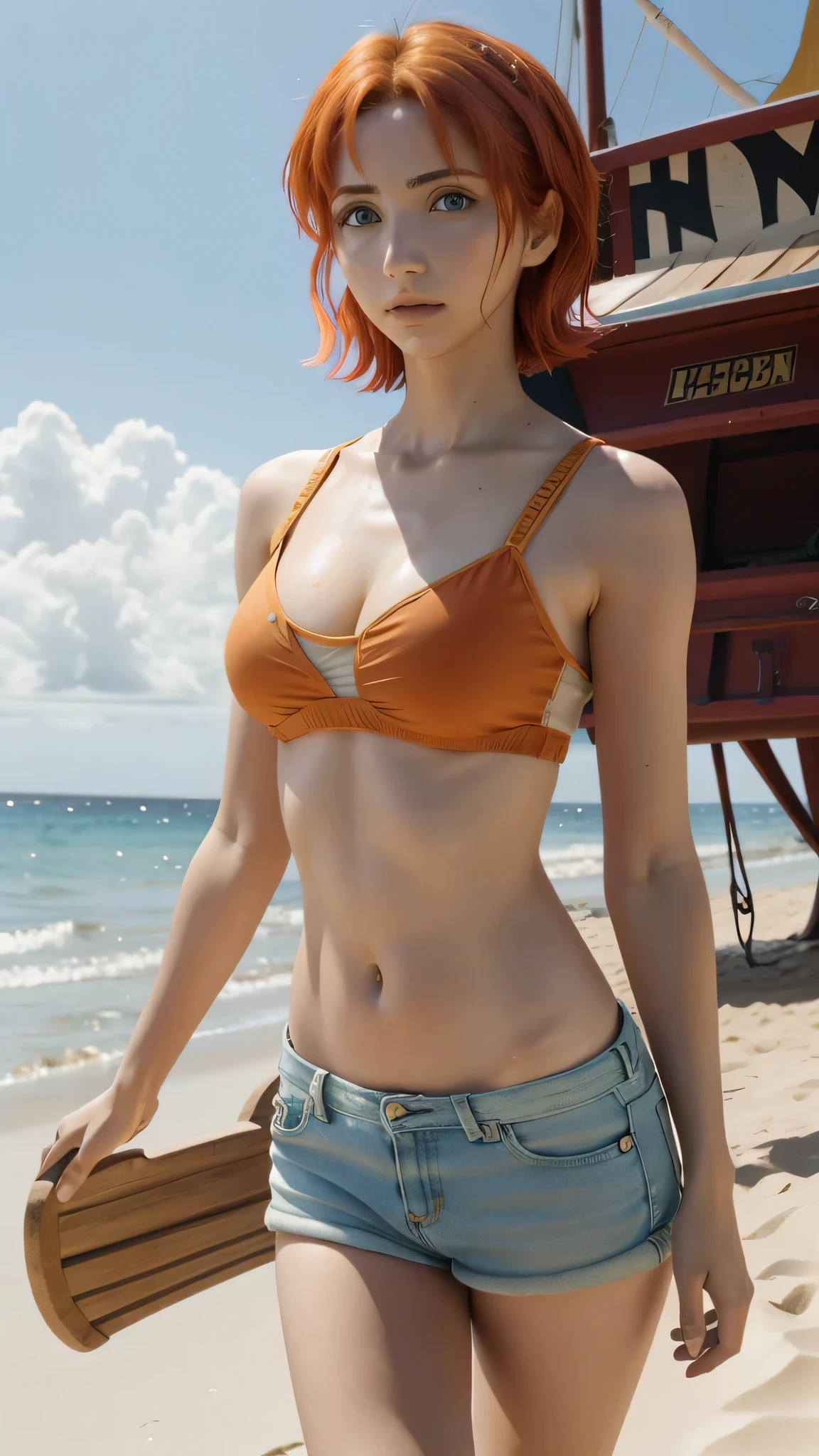 best quality, 4k, 8k, Detailed faces, beauty girl, Korean makeup, Red lips, laugh, perfect body, orange hair, big breasts, thigh, bikini green with white stripes, Tight long jeans, lower abdomen, View of the orange orchard, Fruit orange orchard,