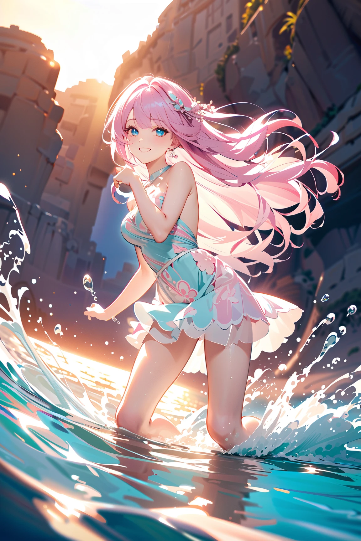 1 girl, (charming face), 18 years old, long wavy hair, (confident smile), (wearing a whimsical dress), above knee length, (pastel colors), medium breasts, slender, (diving into water:1.2), 
BREAK 
cliffside, turquoise ocean, (splash effect:1.4), golden hour, 
BREAK 
(soft lighting, magical ambiance, wide angle), enchanting scene, 
BREAK 
fantasy concept art, game cg, absurdres, highres, ultra detailed, beautiful, (masterpiece), (best quality:1.2),