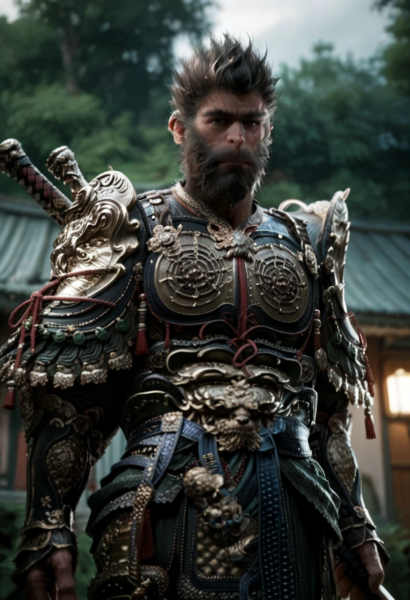 Fraction_9, Fraction_8_up, Fraction_7_up,  actual , Wukong,  unique , Black Hair,  1 boy,  permanent, arms,  Male Focus ,  cowboy shooting, sword, armor, beard, shoulder armor, casing, beard, casinged, arms on back