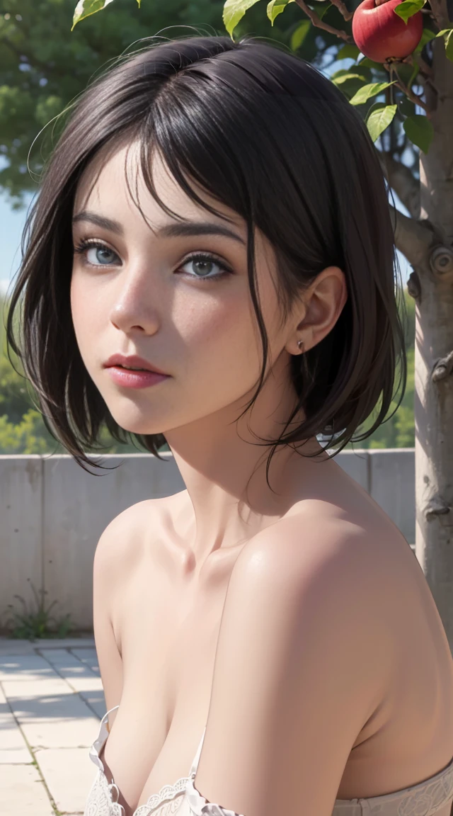 (best quality, 4k), (realistic:1.37), 1girl, red short hair, large breasts, big sagging breasts, topless, highly detailed facial features, facing front, looking left, medium-close, vivid colors, soft lighting, bokeh, oil painting, garden scenery