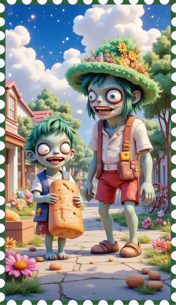 "A cute and highly detailed 3D cartoon-style scene. The father zombie is pretending to scold the young man with an exaggerated stern expression, while his zombie son laughs adorably. The boy has big, sparkling green eyes, soft glowing green skin, and a playful grin that makes him look even more endearing. He clutches a loaf of bread tightly with both hands, standing close to his father. His round cheeks and messy hair give him an innocent, like charm. The scene is set on a bright, sunny street, with colorful wildflowers, sunlight filtering through trees, and playful details like an abandoned bicycle in the background, making the moment lighthearted and humorous."