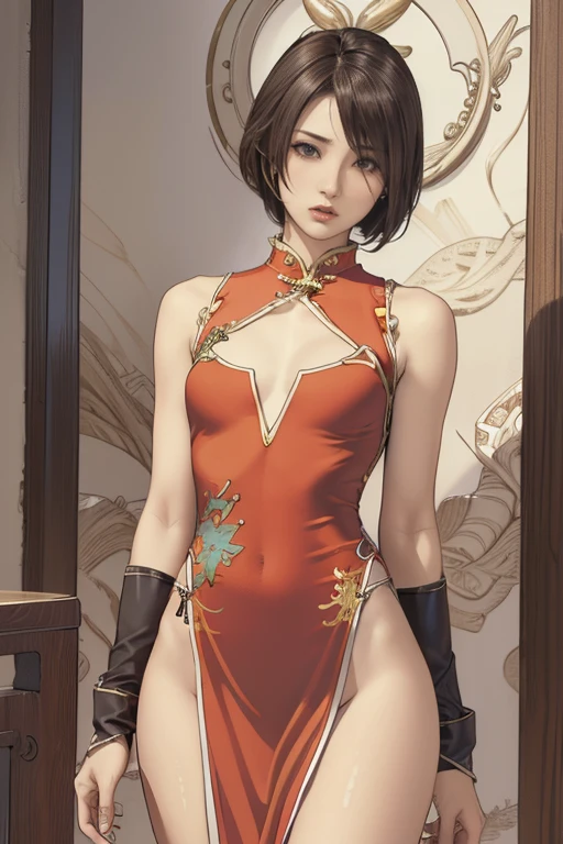 (masterpiece, best quality:1.2), <lyco:soulcalibur_seongmi-na-10:1.0>, cowboy shot, solo, 1girl, seong mi-na, slight smile, looking at viewer, hand on hip, headband, strapless dress, side slit, bare shoulders