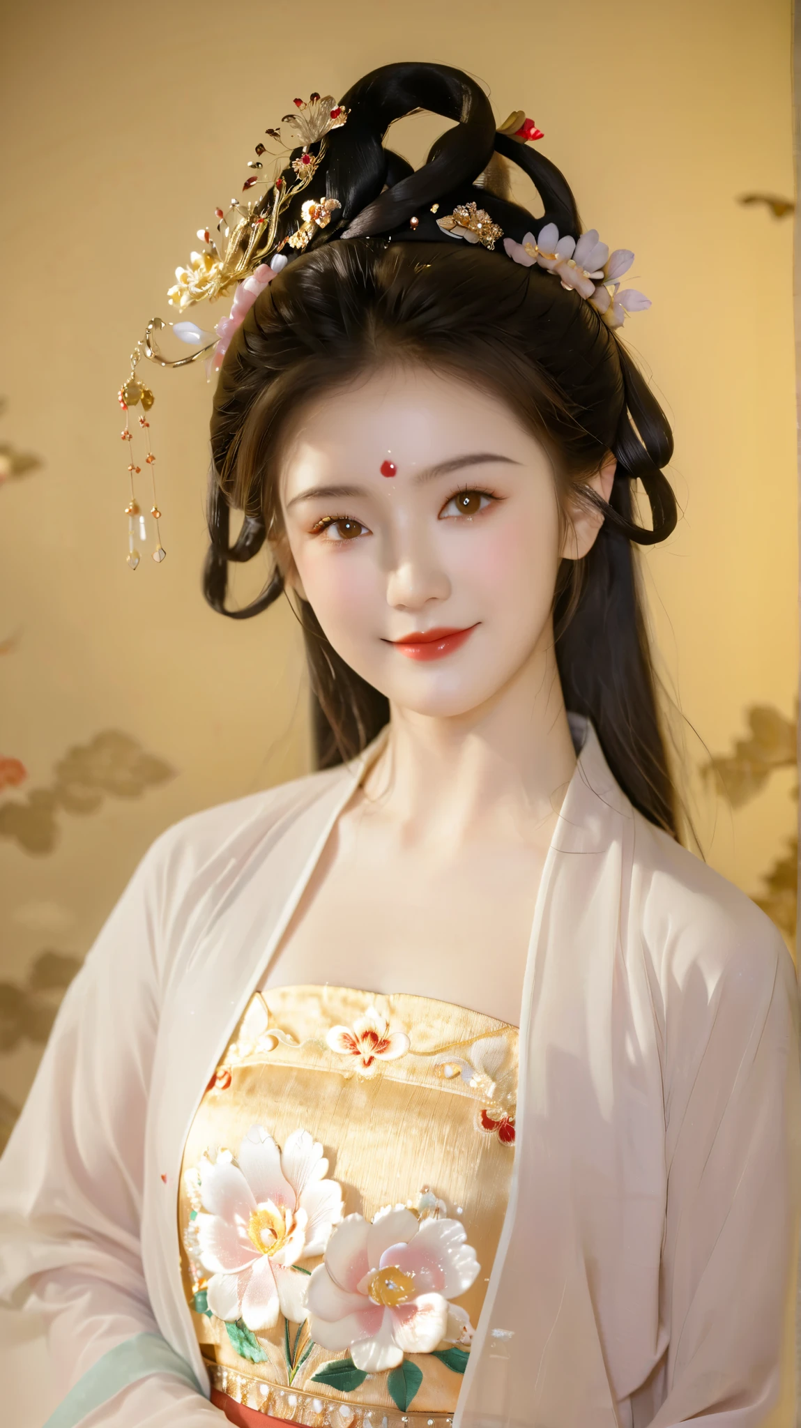 Extremely Detailed CG Unity 8K Wallpapers，masterpiece，Best picture quality，【Beautiful oriental girl，petal，antique hair accessories，A peony with a Luoyang peony on her head ， shirt embroidered with gold thread， dynamic posture，Simple background
，Volumetric Light】Brown hair，Hanfu，Smile