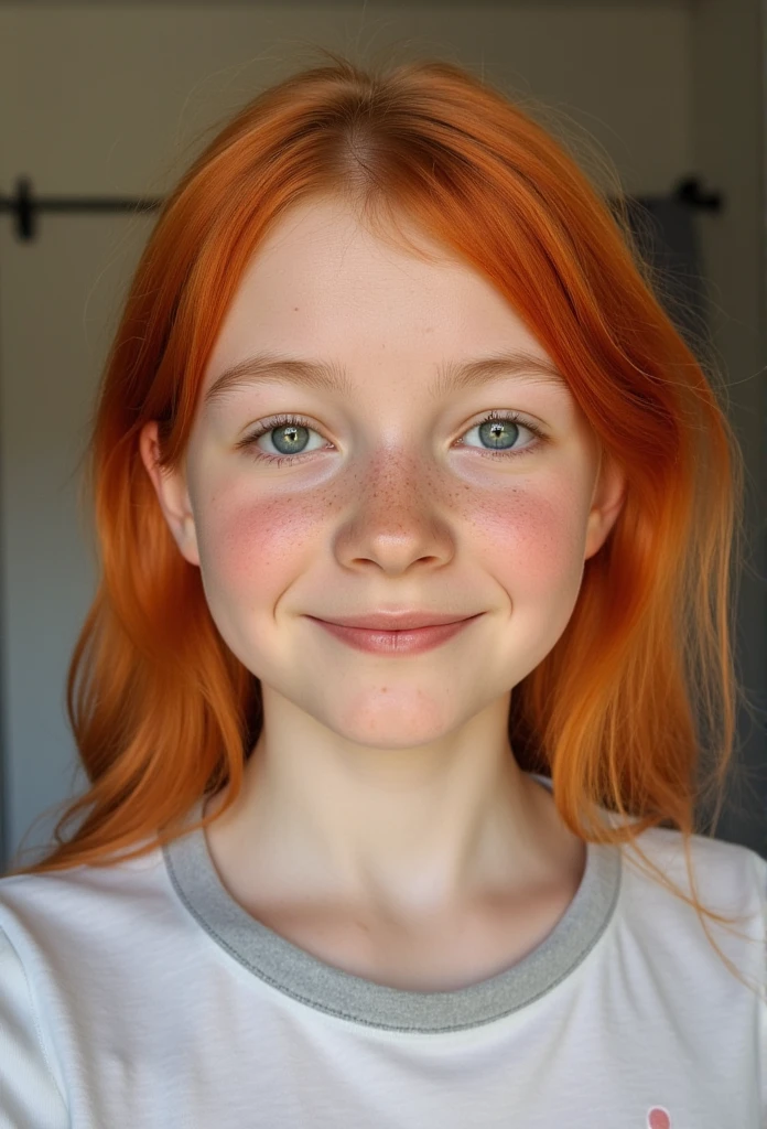 highest resolution, high detailed, photorealistic, T-shirt, freckles, ginger hair, open lips, a  cute girl, happy face expression, gorgeous, Caucasian , pokies