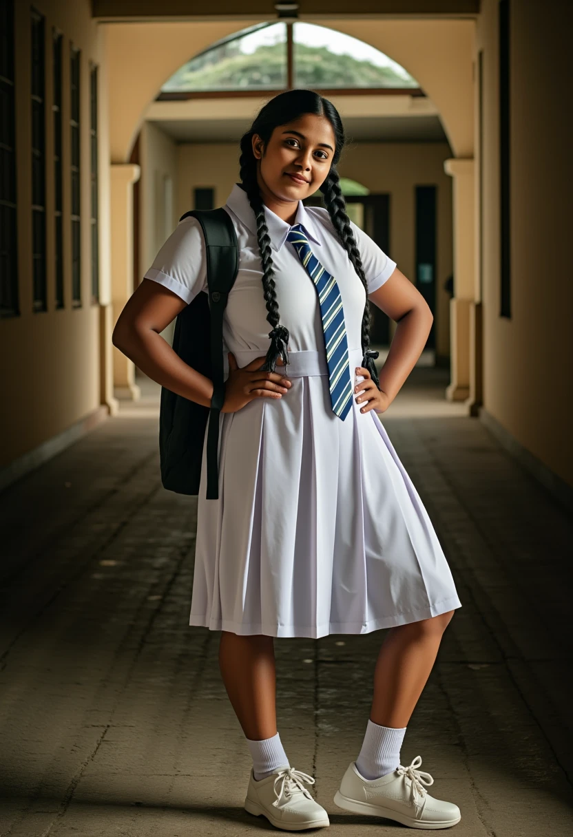 beautiful cute Sri Lankan school girl, wearing short socks and white sneakers, Large breast size , 20 years old, wearing a white frock and a blue and white stripe tie. She has plaits, black braided long hair, cinematic lighting, glowing, movie filter, moody effect, thick body, beautiful Indian face, tanned skin, dark skin, oily sweaty skin, brown skin, hands on her hip, backpack, smiling