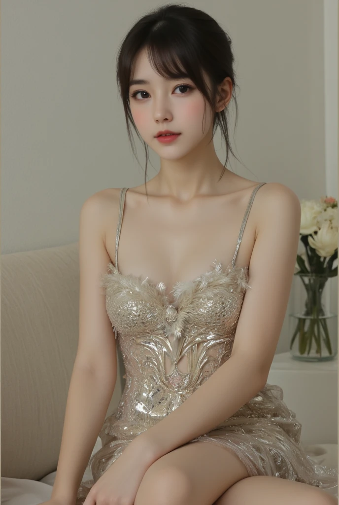 Photo realistic, highdefinition, random angle shooting, Beautiful female, Young face, white pale skin, small cup-a chests, short pants, beautiful leg, wearing scrap metal red dress, with feather around, Christmas style, legs highlight, chests highlights, 