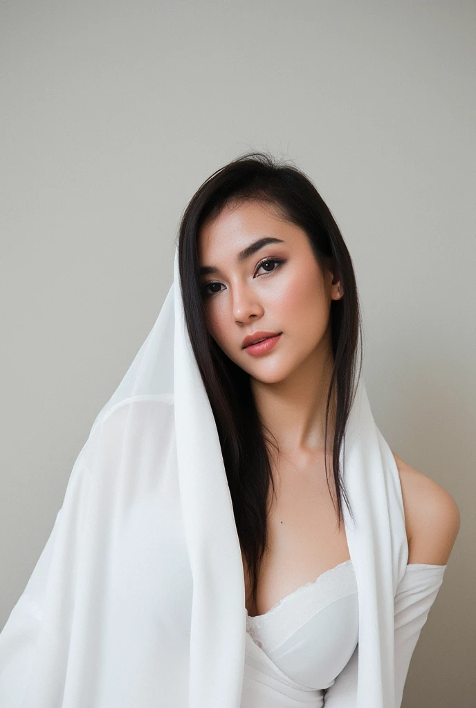 4K,  Masterpiece, Best quality, Very detailed, ( Perfect Reality:1.3), (Clean photos:1.2), ( very high resolution:1.3), (Soft light:1.2), ( perfect coloring ), (Bright light:1.2),  Face of Indonesian People , Portrait of a sexy ghost girl wearing a white robe,  big breasts, Protruding chest