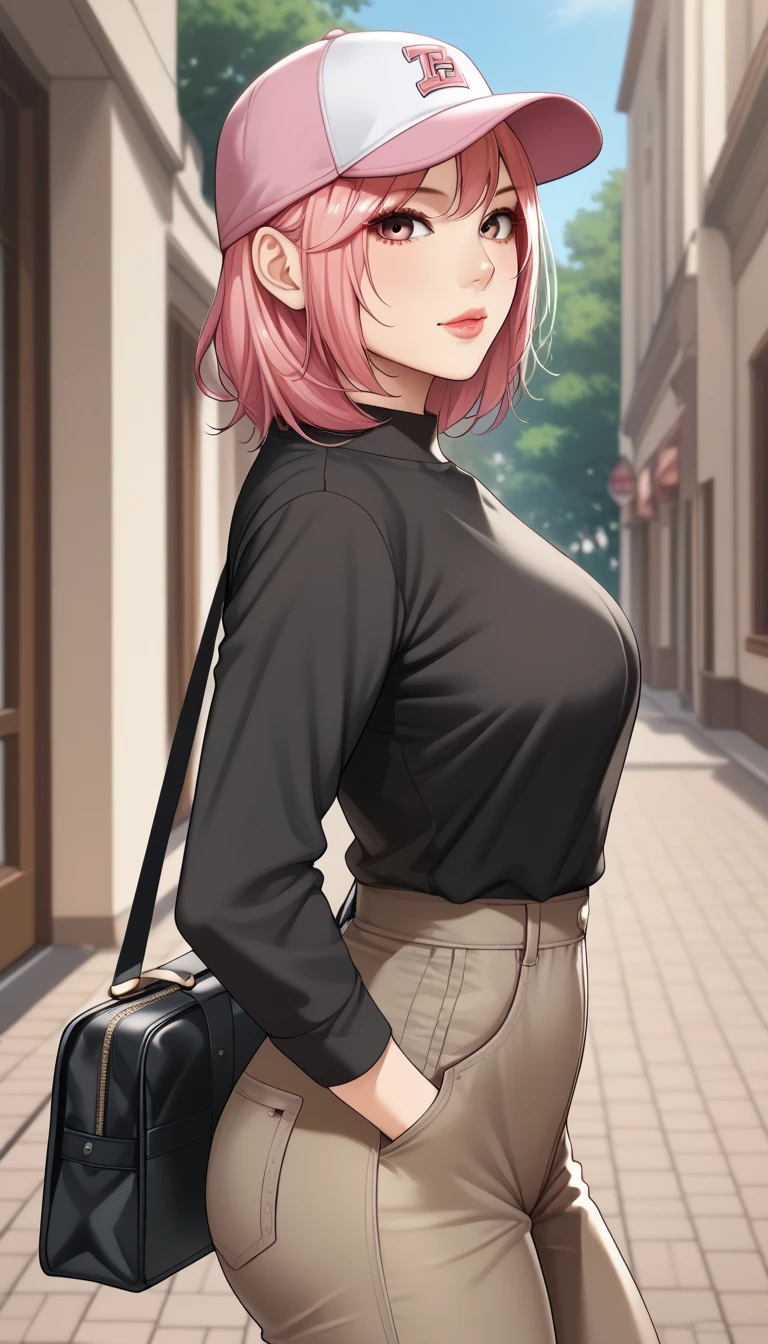 (masterpiece, best_quality:1.2), 1girl, solo, pretty girls, pink hair, medium hair, (baseball cap, short black shirt and a long sleeve lined with black and white plaid, brown cargo pants, black bag on the side), beautiful eyes, female focus, slim body, curvy, looking at viewer, ((close up shot)) ((solo)) detailed, very high resolution, no blurry image, (cowboy shot), standing, beautiful, elegant, serene expression, intricate details, detailed background, outdoors 