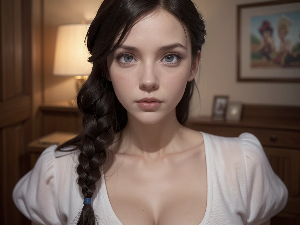 (Best quality, 8k, 32k, Masterpiece, UHD:1.2) Masterpiece, perfect portrait, (RAW), natural lighting, photo of a (beautiful 35 year old woman with short black hair pulled back in tight bun), perfect face, blue eyes, (wearing loose fitting dress, top buttons unbuttoned), massive breasts, sfw, (saggy breasts:0.6), jiggle physics, (highly detailed skin), pale skin, background is library, photographed on a Canon AE-1, 55mm f1.9 lens, 35mm, ISO 200, ((film grain)), (full body:0.9), breast worship, cleavage
