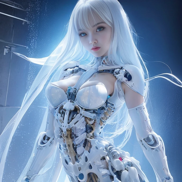 masterpiece,best quality,ultra-detailed,very detailed illustrations,extremely detailed,intricate details,highres,super complex details,extremely detailed 8k cg wallpaper,cowboy shot, caustics,reflection,ray tracing,demontheme,nebula,dark aura,cyber effect, (1girl:1.4),solo,alone,mecha musume,mechanical parts, robot joints,single mechanical arm, headgear, mechanical halo,star halo,intricate mechanical bodysuit, mecha corset, full armor, very long hair,white hair, hair between eyes, multicolored hair, colored inner hair, red eyes,glowing eye,eye trail, random expressions,random action, ancient japanese architecture,pond, starry sky,skyline,
