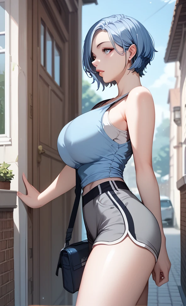  1 girl, Blue hair, Short hair,  big breasts, Side Corner Gray Shorts, 