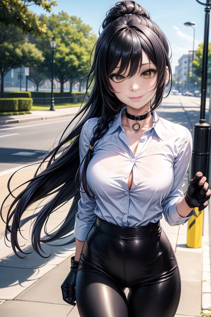 (Yaedef :1.4), 8K, highres,  ultra detailed , ( Masterpiece:1.4),  Best Quality , Sakuya Shirase, symmetrical body, beautiful, Alone, standing,  dynamic pose ,  looking at the spectator, Tender smile, long ponytail black hair,  detailed face ,  looking at the spectator,,  beautiful eyes, amber yellow eyes,  choker :1.6, ( white collar shirt :1.4),  long black gloves , ( shiny black leggings),  Park, angled view,  perfect breasts ,  badass anime girl , bright clothes