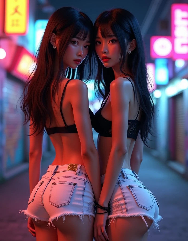 2 young girls, cheerful face, original pink long hair, long eyelashes, beautiful eyes with brightness, surrealism, shadow, stereogram, (photorealistic, realistic: 1.2), POV, atmospheric perspective, cinematic lighting, ray tracing, 8k, super detail, best quality, masterpiece, well detailed, (Canan EOS R6, 135mm, 1/1250s, f/2.8, ISO 400:0.9), cyberpunk, neon, neon signs, ramen shops, night, cleavage, from the back,  string, tank top, bubble butt, round small ass, bend over