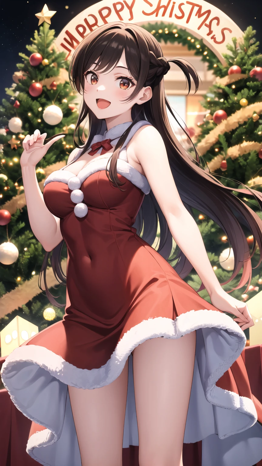 Best Quality, masutepiece, Portrait, , 1girl in, Kotegawa Yui, Black hair, Long hair, Long bangs, Brown eyes, medium udder, ((chies)), Looking at Viewer, embarassed expression,Photo from below、((Santa Claus clothes))、((pantyhose))、((Show panties))、((Long skirt))