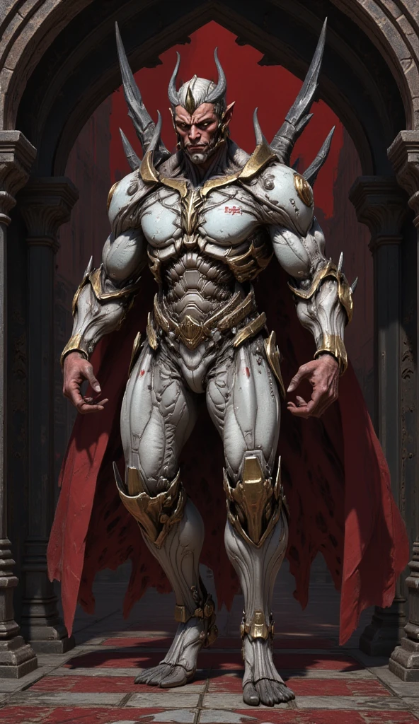  is possessed by a demon, a holy knight commander.A full-body image of an adult male . muscular body .Wear white gold holy knight armor. Eyes Deep Red . standing inside a mysterious black and red church.Bold composition 