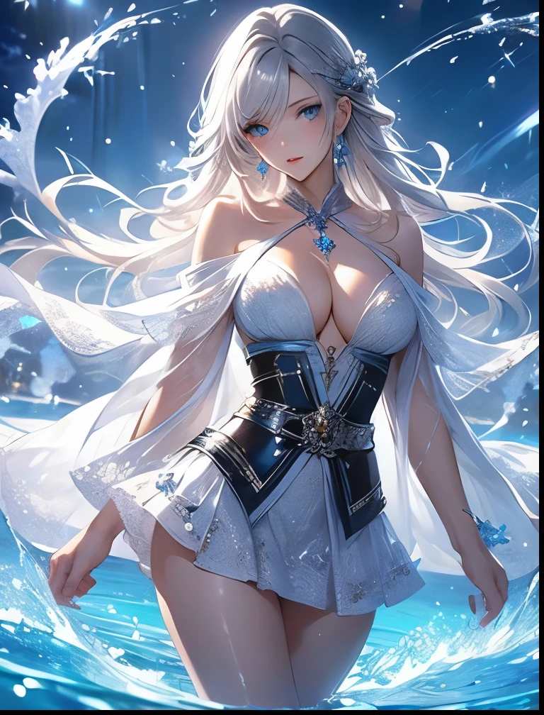 （（（ＳＦＷ、Precision、Highest quality、A first-class masterpiece、Normal body、8k、  Detailed Face 、Ultra-precision、 Normal hand、５refer to、Highest）））、 pretty silver-haired beautiful girl 、Beautiful blue eyes、 slender 、 Open Miniskirt、An ultra-thin kimono with a wide chest、Sexy cleavage、Light blue belt 、 glamorous thick thigh 、Clear silver amefruits 