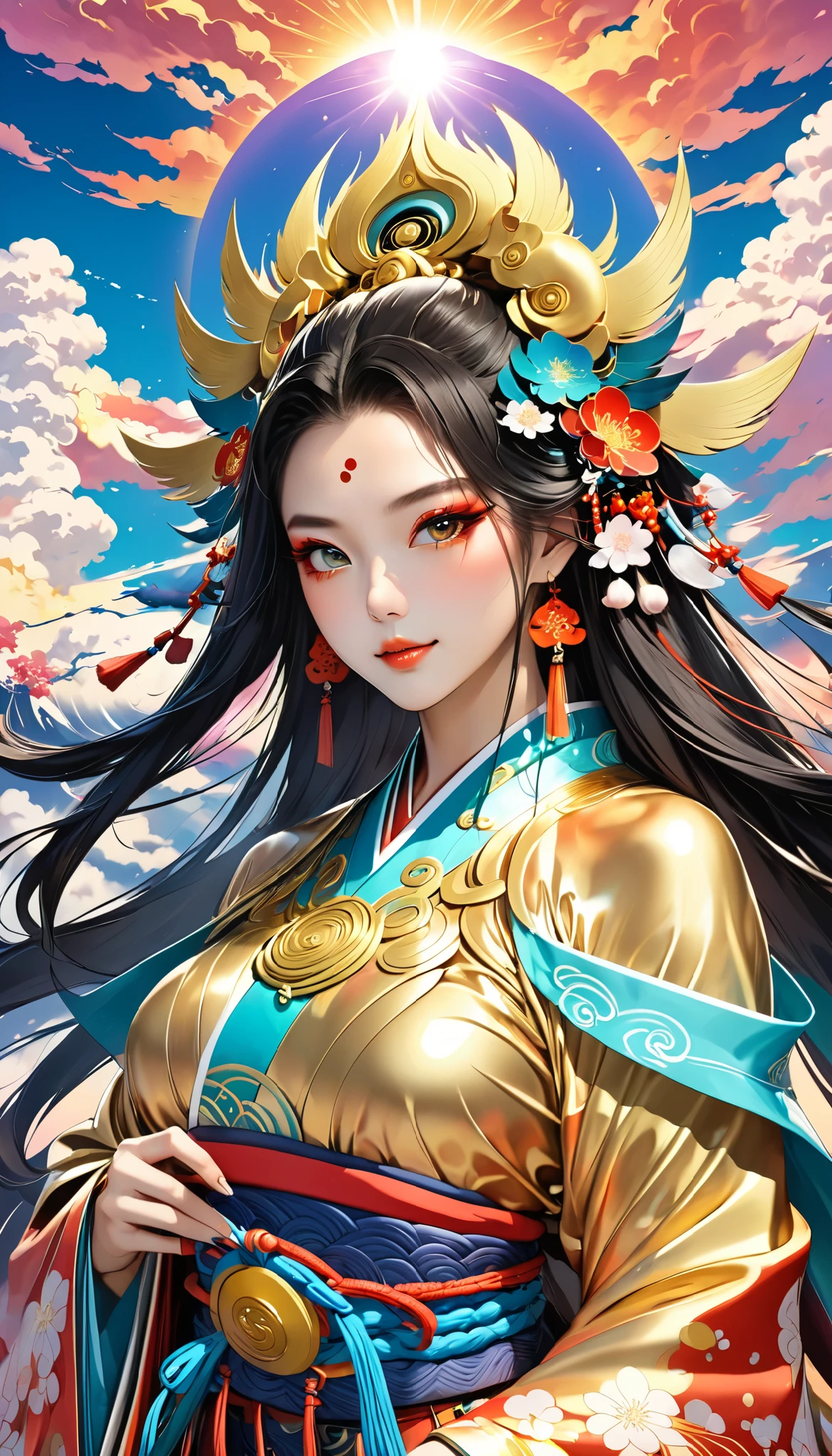 A close-up of the face of a Chinese goddess, adorned in beautiful clothing.,(masterpiece, Highest quality, Highest quality, Official Art, beautifully、beautiful:1.2), (One person), Very detailed, (Fractal Art:1.3), colorful, Most detailed, Perfect Face, Upper Body, High resolution, Impressive visuals, Vibrant colors, Black Hair,Long Hair,Swept-apart bangs,Bust Shot