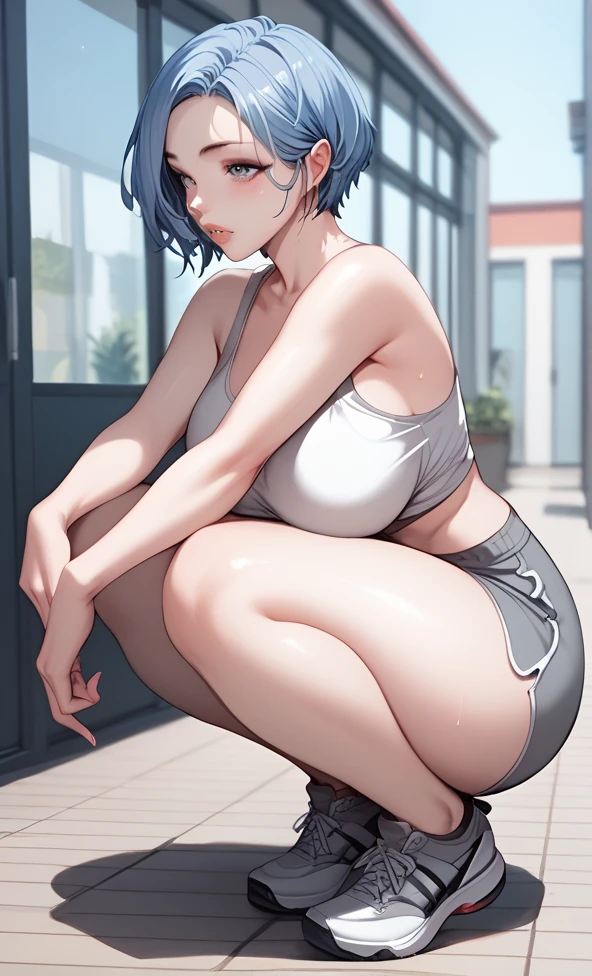  1 girl, Blue hair, Short hair,  big breasts, Gray shorts, Squat,