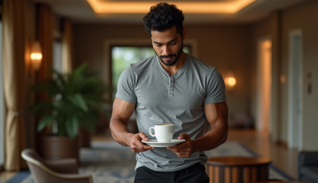 Shirtless man holding black coffee mug in balcony