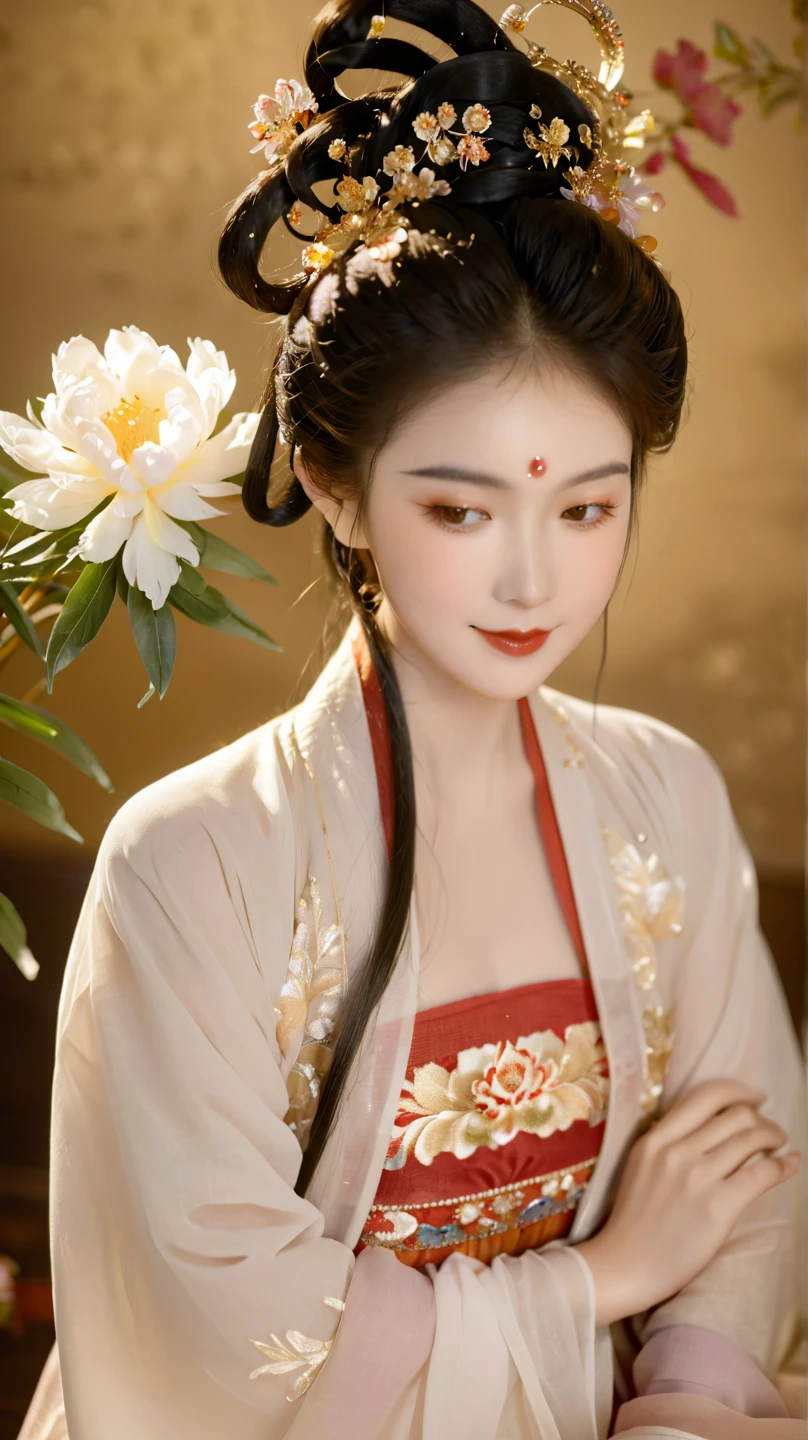 Extremely Detailed CG Unity 8K Wallpapers，masterpiece，Best picture quality，【Beautiful oriental girl，petal，antique hair accessories，A peony with a Luoyang peony on her head ， shirt embroidered with gold thread， dynamic posture，Simple background
，Volumetric Light】Brown hair，Hanfu，Smile