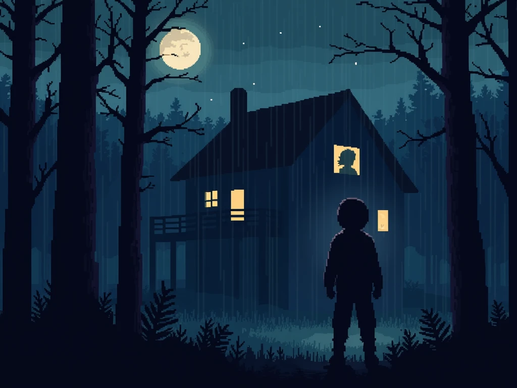  pixel art style, A pixel , In the night with background rain,  pine forest with a pixel ,  I want you to give it a touch of terror ,  house in the background and I want a person looking at that house the person has to be black his pixel silhouette, , and the image has to have a touch of terror , I want the house in the upstairs window to appear a shadow of a lady looking at the person outside