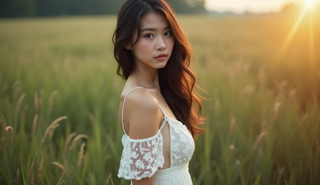 Gorgeous asian female with big breasts and deep brown eyes with super smooth skin, use natural lightings and colours, cinematic lightings, wearing suitable clothes accordingly