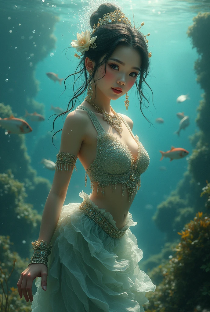 An absolutely stunning photo-realistic image of an Asian girl, perfectly capturing her delicate features and radiant beauty. The level of detail is simply awe-inspiring, with every intricate aspect meticulously rendered. The girl, with her mesmerizing dark and shiny hair, is adorned with tattoos that elegantly cover her private parts, adding a touch of mystery and allure to the composition. The scene is set underwater, surrounded by a vibrant array of small fish, their vibrant colors adding a dynamic and lively atmosphere. The photo, shot in RAW format, showcases the utmost clarity and realism, making it a true masterpiece in the realm of digital art.