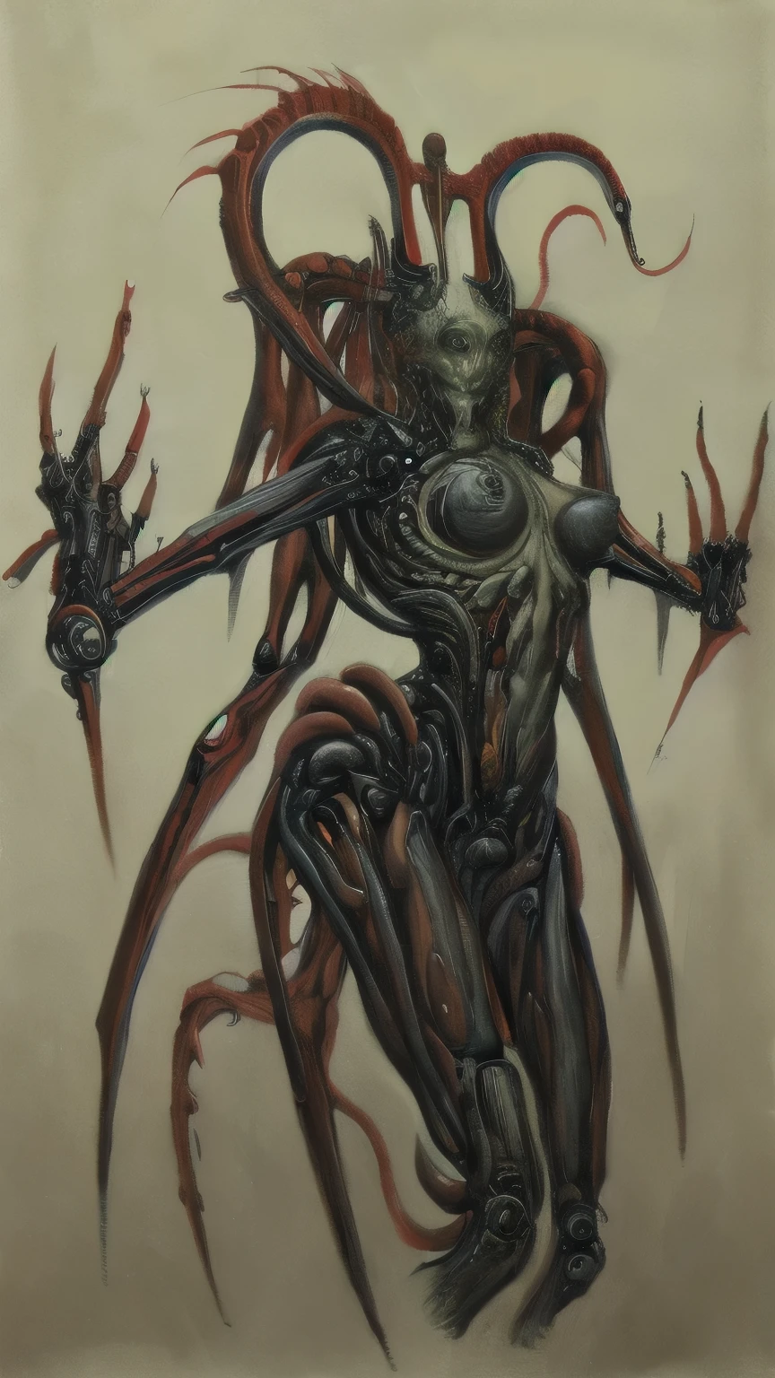 a detailed bio-mechanical creature with multiple arms and hands, body horror elements, satanic and occult influences, rich and vibrant colors, intricate biomechanical details, inspired by the art of Hans Gieger, dark oil color scheme, best quality, 4k, 8k, highres, masterpiece, ultra-detailed, realistic, photorealistic, professional, physically-based rendering, extreme detail description