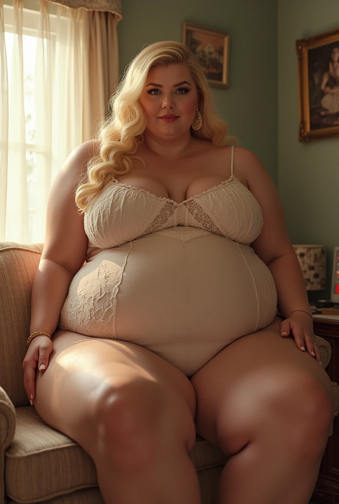 Portrait of a 48-year-old blonde French woman, 1940, Period costume, Genuine Leather, Sit down and take a selfie like you would with a smartphone, (Living room with period furniture, Calm, soft light: 1.2), Female Mom Type, Plump body, Thick waist, Pregnant women