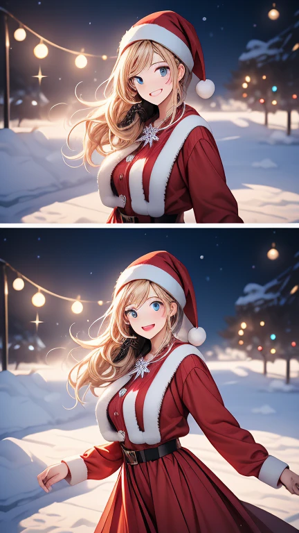  Christmas winter scenery    ，  christmas illustration，masterpiece、   high definition   ， top quality， 8ｋ，  RAW photo ，Hyper HD，  super detailed，Highly realistic and detailed face，  cute face,   beautiful face，   beautiful womanの一人  、２9 years old、   sexy Santa Claus costume， DANCING ON ICE    、 blonde alone    、   blue eyes、  happy face 、  、smile、((    Cowboy Shots Climax  ))、((    beautiful woman))， professional photography ，