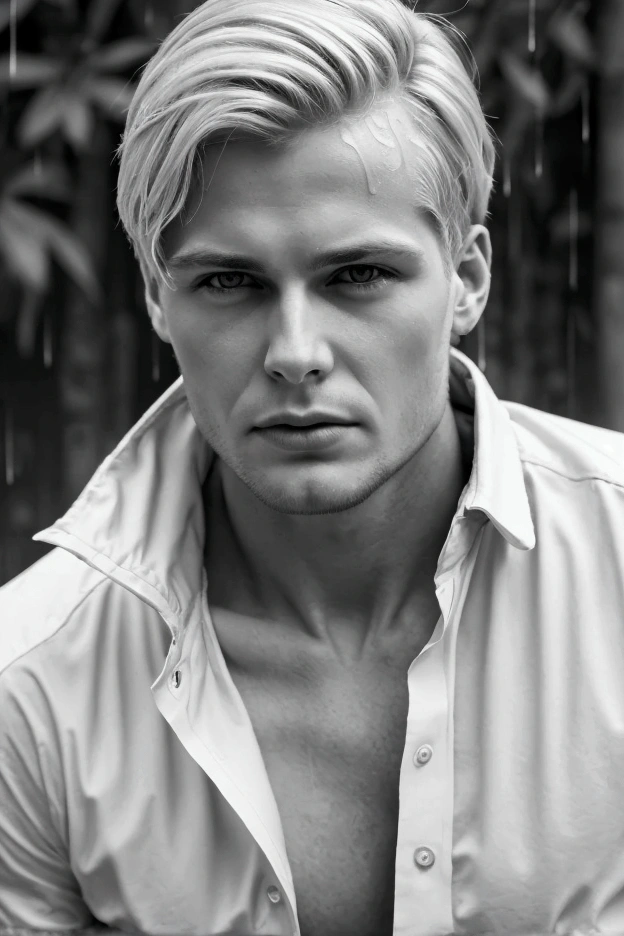 Portrait of a handsome blond man in the rain., black and white