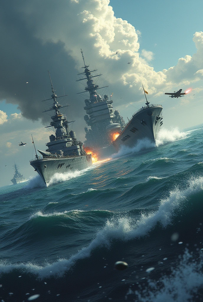 Burning sea,Burning aircraft carriers,battleships,Planes in the sky,Smoke billowed out,Dimly lit sky,((the fire)),karo,cannon fire,(illustratio:1.0)、Epic composition、Realistic lighting、high definition detail、tmasterpiece、Best quality,(非常详细的 CG 统一 8k 壁纸)