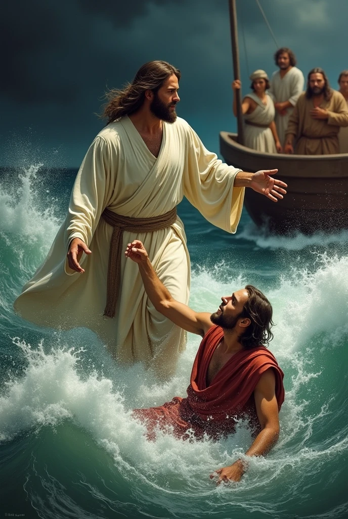 Create a cartoon illustration of adult Jesus reaching out to adult Peter bringing him to the surface of the sea