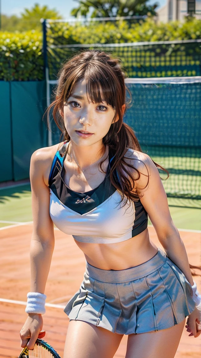 (Woman smashing on outdoor tennis court、Swing a tennis racket)、(Realistic、Like a photograph、Live Action、, Realistic, RAW Photos, Best image quality: 1.4), Single-lens reflex camera、RAW Photos, Highest quality, Realistic, Very detailed CG Unity 8k wallpaper, Written boundary depth, Cinematic Light, Lens flare, Ray Tracing, Realistic background、Many people:1.4、(Tennis Player:1.4、Tennis uniform:1.3、Toned body)、((Ultra-dense skin))、 woman,Cute Japanese Tennis Player、((Smash stance、((whole body:1.5))、During the game:1.1、Serious expression on the court))、Pink inner color hair、short hair:1.2、tie your hair with a hair clip、I like that style、stylish、Very detailed、Pay attention to the details、Perfect outfit、(Sunburned skin)、Beautiful legs:1.1、Side view