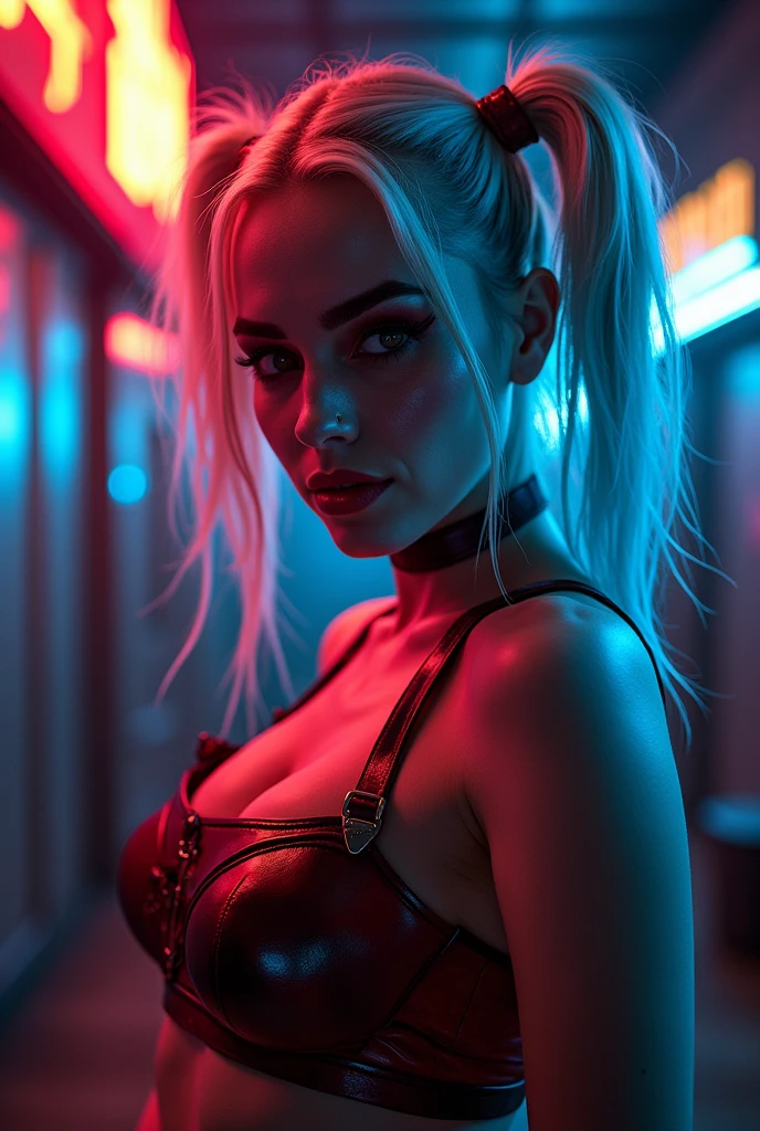 Harley Quinn stands by a large floor to ceiling window, her back is to the viewer, she wears a thong, she looks over her shoulder at viewer seductive look on her face, red and black latex costume. her hair is in pigtails, blue eyes, night time, red light from a neon sign outside lights the the room, Large windows, view of Gotham city outside, white skin, black harlequin mask over her eyes